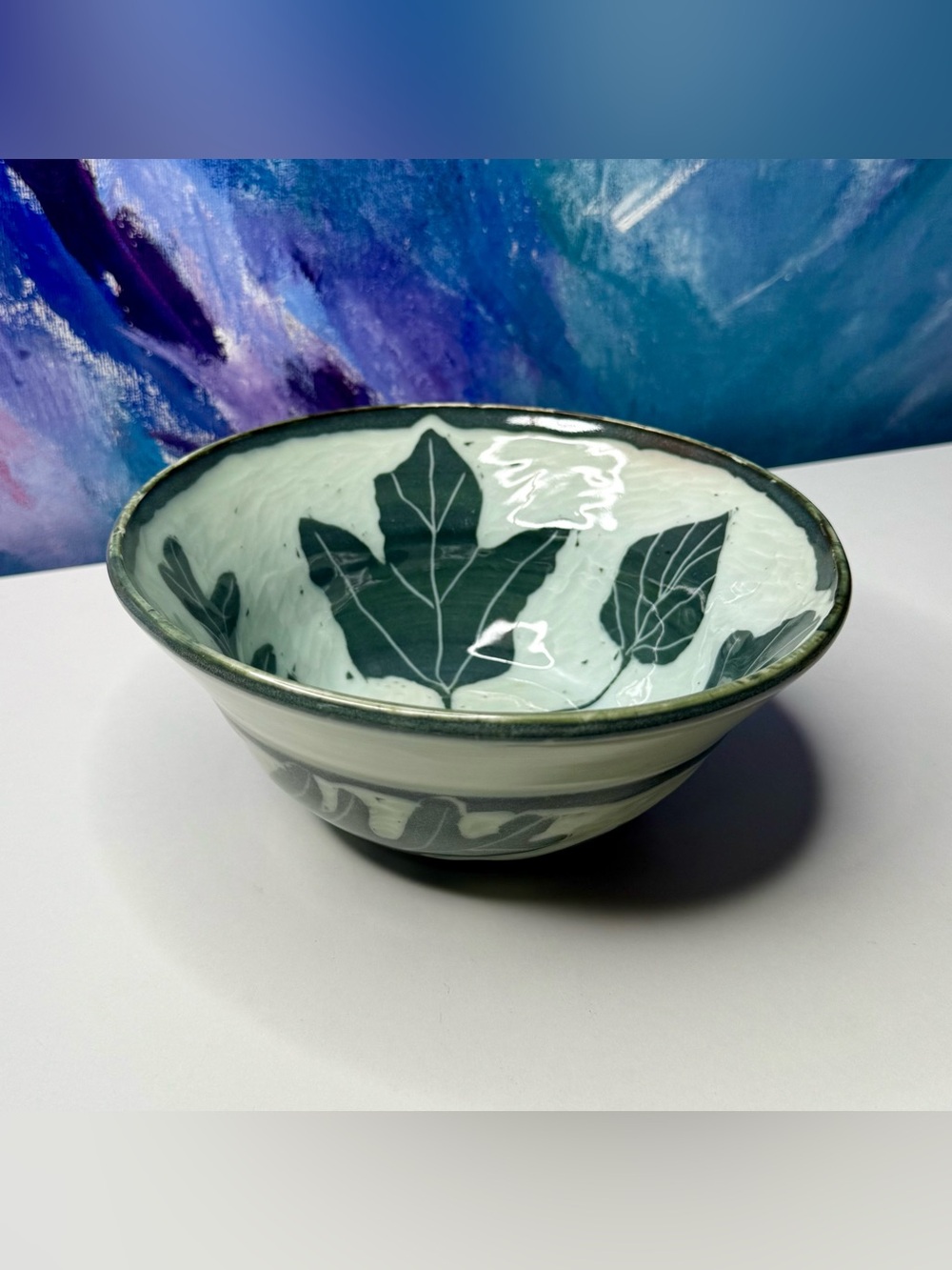 Studio Pottery Bowl Green Leaf Cyndi Mason Leaves Cottagecore Ceramic Fruit Bowl